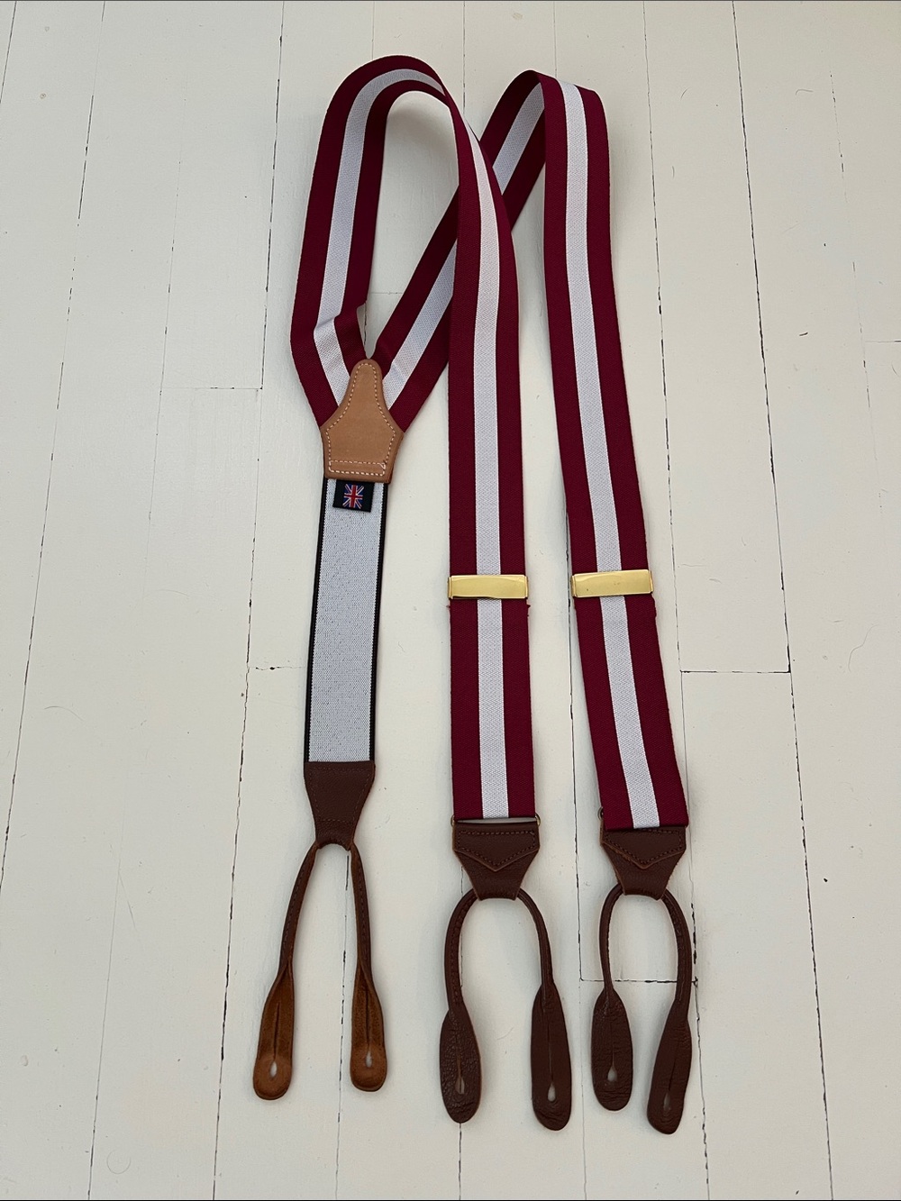 Albert Thurston Burgundy/White Striped Brown Leather Suspenders